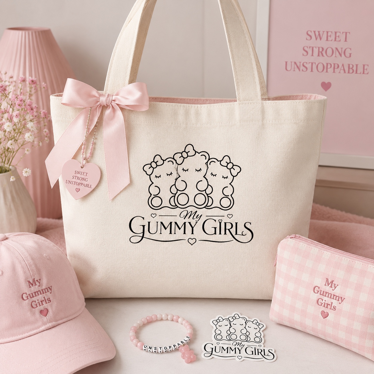 My Gummy Girls accessories and tote styled in pink