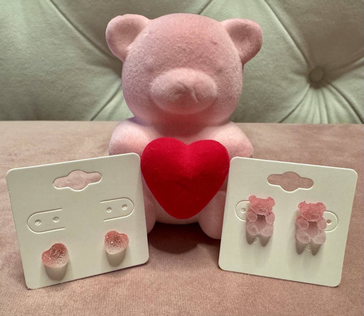 Pink bear plush with gummy bear earrings and candy earrings